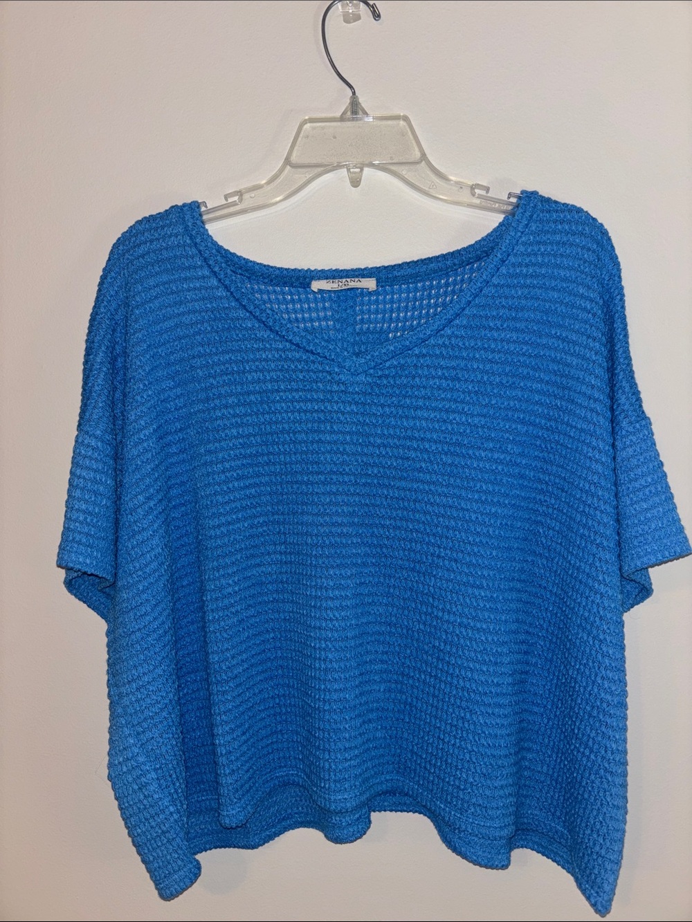 V-Neck Waffle Knit Sweater in Bright Blue - Women's Relaxed Fit